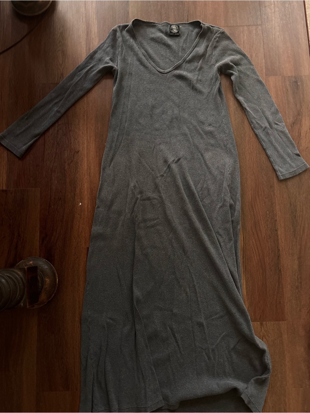 90s DKNY Women's Long Sleeve V-Neck Maxi Dress - Charcoal Gray